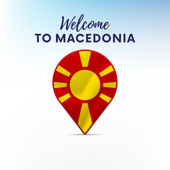 Flag of Macedonia in shape of map pointer or marker. Welcome to Macedonia. Vector illustration.