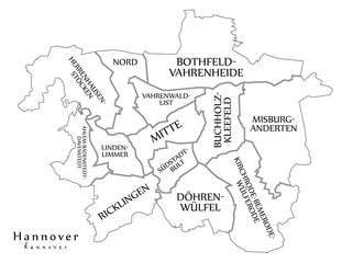 Modern City Map - Hannover city of Germany with boroughs and titles DE outline map