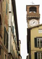 Fototapeta na wymiar Tower clock in Lucca through buildings
