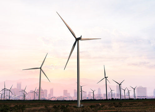 Wind turbine renewable energy source summer landscape with blue sky in natural landscapes