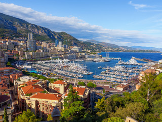 Naklejka na ściany i meble A view of Port Hercule and its surrounding area in Monaco.
