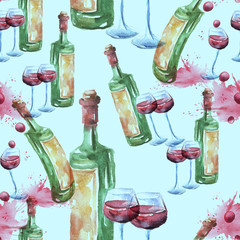 Watercolor seamless pattern with a picture of a bottle of wine, a wine glass, a glass with red wine, a berry, a glaze. Vintage illustration. On a blue background.