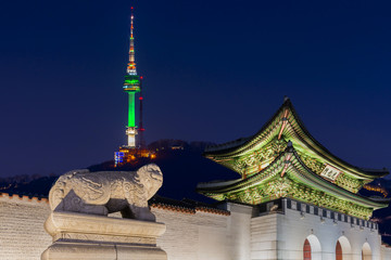 Landmark of Korea with covered Gyeongbokgung n Seoul Tower , South korea.