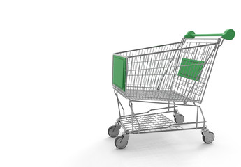 3d rendering. empty green label metal cart on white background. Eco shopping cart concept