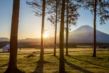 View of Mountain fuji and forest from fumotopara during sunrise time,Japan