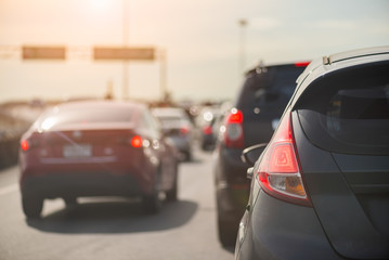 traffic jam with row of cars on toll way