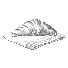 Hand drawn croissant lying on cloth isolated illustration