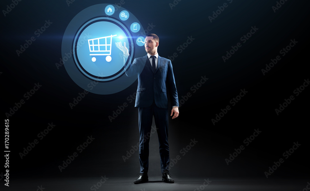 Sticker businessman with shopping cart on virtual screen