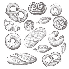 Hand drawn collection of baked goods isolated illustration