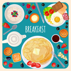 Breakfast food and drink top view isolated illustration