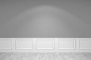 Empty grey wall with classic style border with white wood floor and spot light on wall. Space for your design. 3D illustration. - 170290097