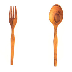 Wooden spoon and fork on white background