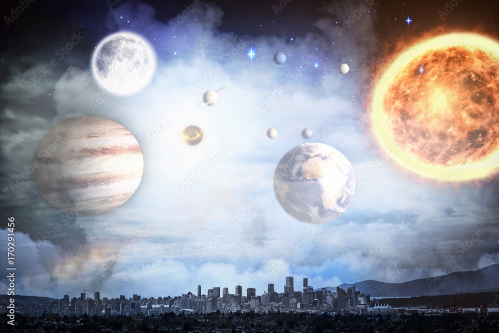 Poster composite image of composite image of solar system against white