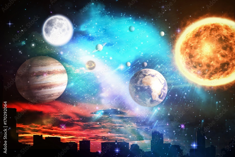 Poster composite image of composite image of solar system against white