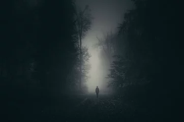 Fotobehang man schaduw op donker eng bospad, mysterie landschap © andreiuc88