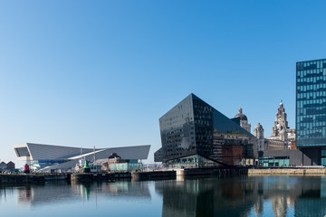 View of Albert Dock and Three Graces building in Liverpool - obrazy, fototapety, plakaty