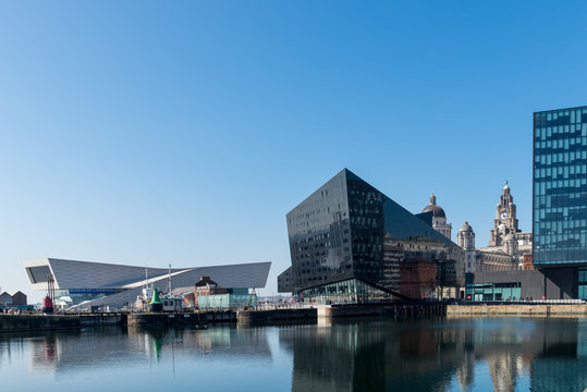 View of Albert Dock and Three Graces building in Liverpool