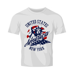 Liberty Statue vector logo concept isolated on white t-shirt. USA street wear superior sport vintage badge design. 
Premium quality United States of America emblem t-shirt tee print illustration.