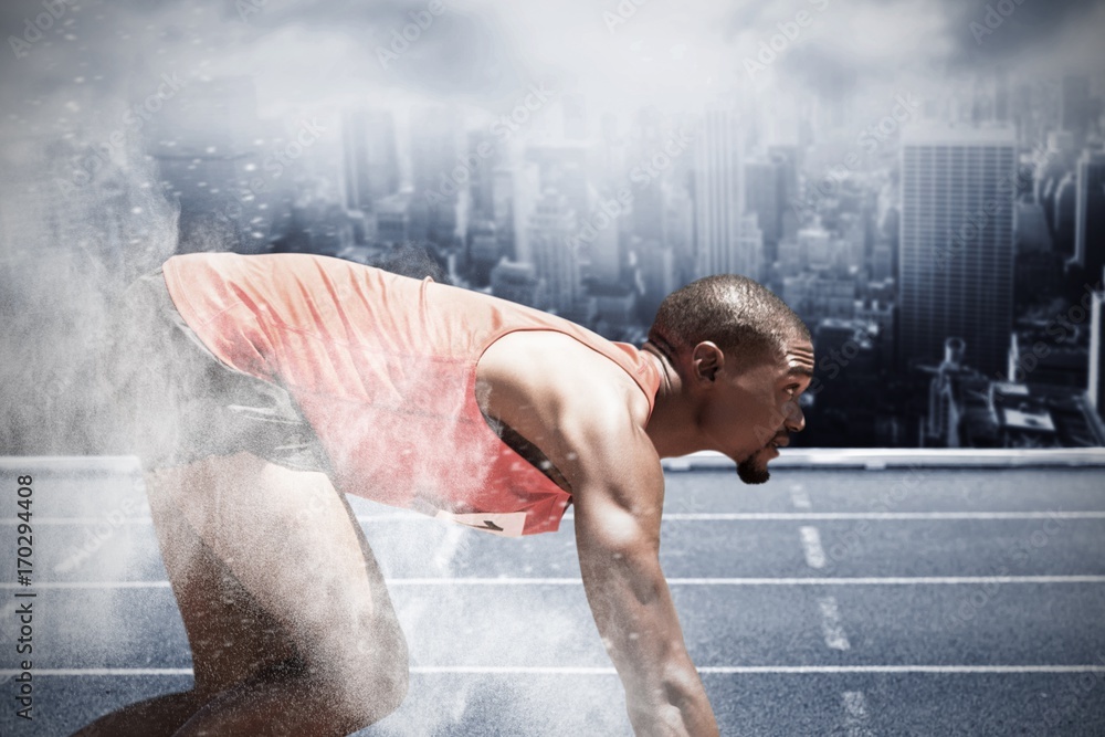Poster Composite image of profile view of runner preparing for the
