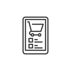 Mobile device with shopping cart line icon, outline vector sign, linear style pictogram isolated on white. Mobile shopping symbol, logo illustration. Editable stroke. Pixel perfect vector graphics