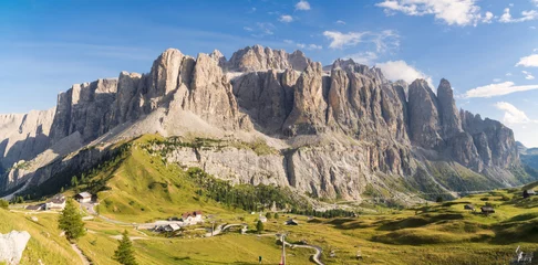Wall murals Dolomites Panoramic view of Sella group mountain range or Gruppo del Sella and Gardena pass or Grodner Joch, South Tirol, Dolomite Alps, Italy