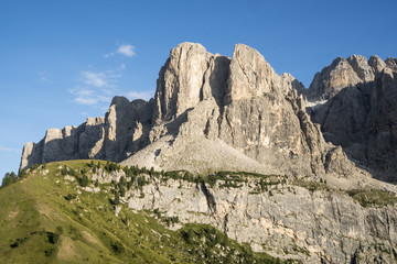 Fototapeta na wymiar Panoramic view of Sella group mountain range or Gruppo del Sella and Gardena pass or Grodner Joch, South Tirol, Dolomite Alps, Italy