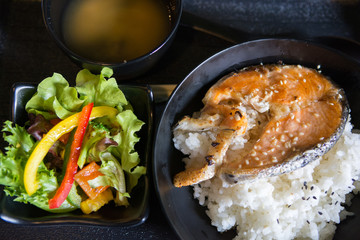 Japanese Grilled Salmon in Soya Sauce Served with Rice