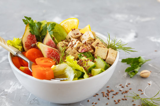vegan lunch, tofu fruit vegetables salad