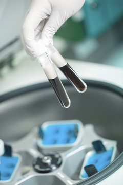 Scientist inserting test tube into centrifuge