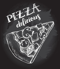 A piece of delicious pizza with ham, champignons and basil. Food elements. Vector ink hand drawn illustration. Menu, signboard template with modern brush calligraphy style lettering.