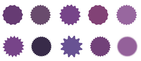 Set of icons badges starburst, sunburst, label, sticker. 10 different shades of purple, lilac, violet.