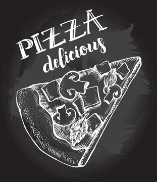 A piece of delicious pizza with ham, champignons and basil. Food elements. Vector ink hand drawn illustration. Menu, signboard template with modern brush calligraphy style lettering.