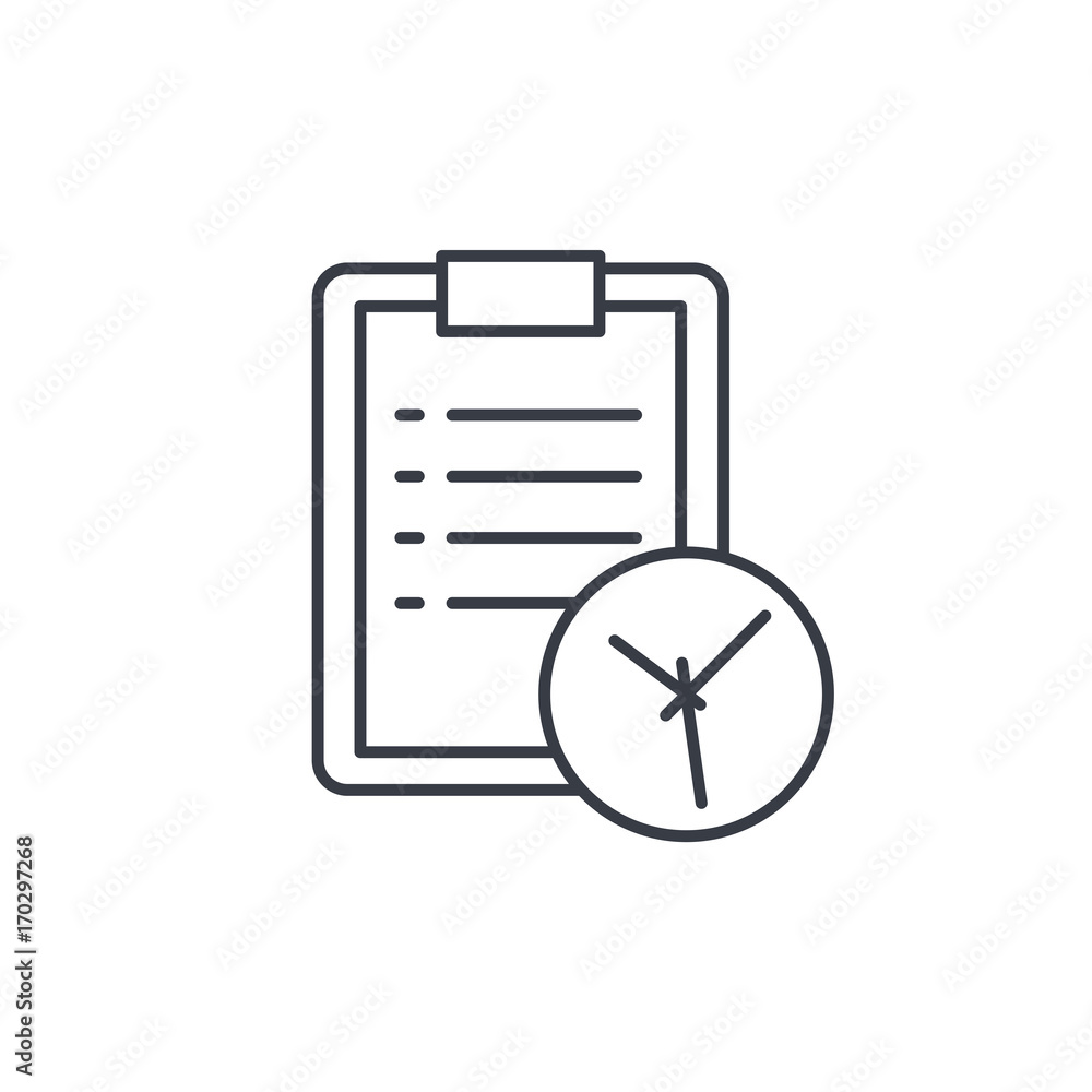 Poster clipboard and clock, to-do list thin line icon. linear vector illustration. pictogram isolated on wh