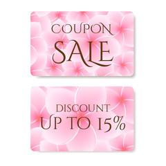 Gift coupon, Gift Card (Discount Voucher) with  flower (Plumeria, Frangipani pattern. Floral background design for invitation, ticket. Vector