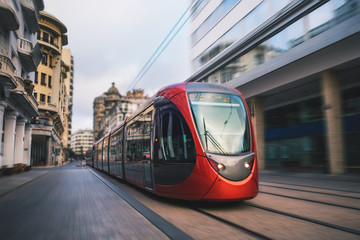 a tram moving in the streets of Casablanca, Morocco