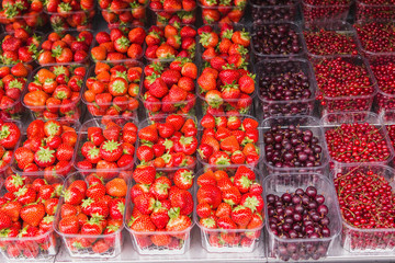 Street market in Europe. Selling berries