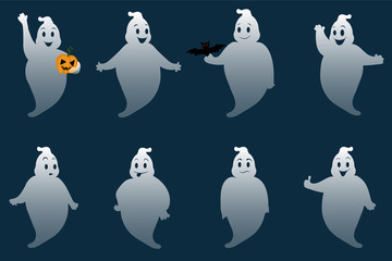 Funny ghosts. Set of cartoon ghosts with different poses and emotions. Happy Halloween. Vector.