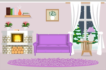 The interior of the living room. Fireplace, sofa , winter landscape outside the window. Cartoon. Vector.
