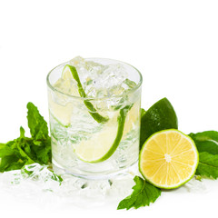 Moscow Mule Cocktail Isolated on White Background. A Moscow mule is a cocktail made with vodka, spicy ginger beer, and lime juice. Selective focus.