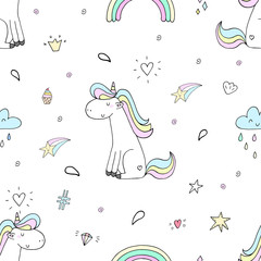 cute unicorn on a pink backgroun. vector pattern