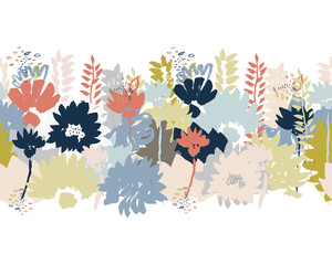 Horizontal seamless floral pattern. Hand drawn textures. Pastel Colors.