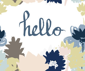 Hello. Hand drawn lettering and design. Card. Floral frame.