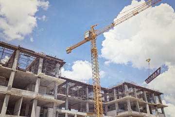 the construction crane and the building against the blue sky