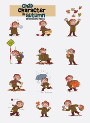 Set of twelve various poses of red hair child character, celebrating the arrival of autumn.