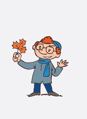 red hair child looking with interest at an autumn leaf. Character of boy, funny style, isolated.