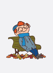 red hair child resting, relaxing, in the park. Character of boy, funny style, isolated.