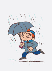 red hair child running in the rain with an umbrella. Character of boy, funny style, isolated.