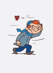 red hair child walking against the wind. Character of boy, funny style, isolated.