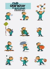 Obraz na płótnie Canvas Set of twelve various poses of asian child character, celebrating the arrival of autumn.