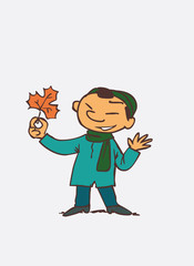 asian child looking with interest at an autumn leaf. Character of boy, funny style, isolated.